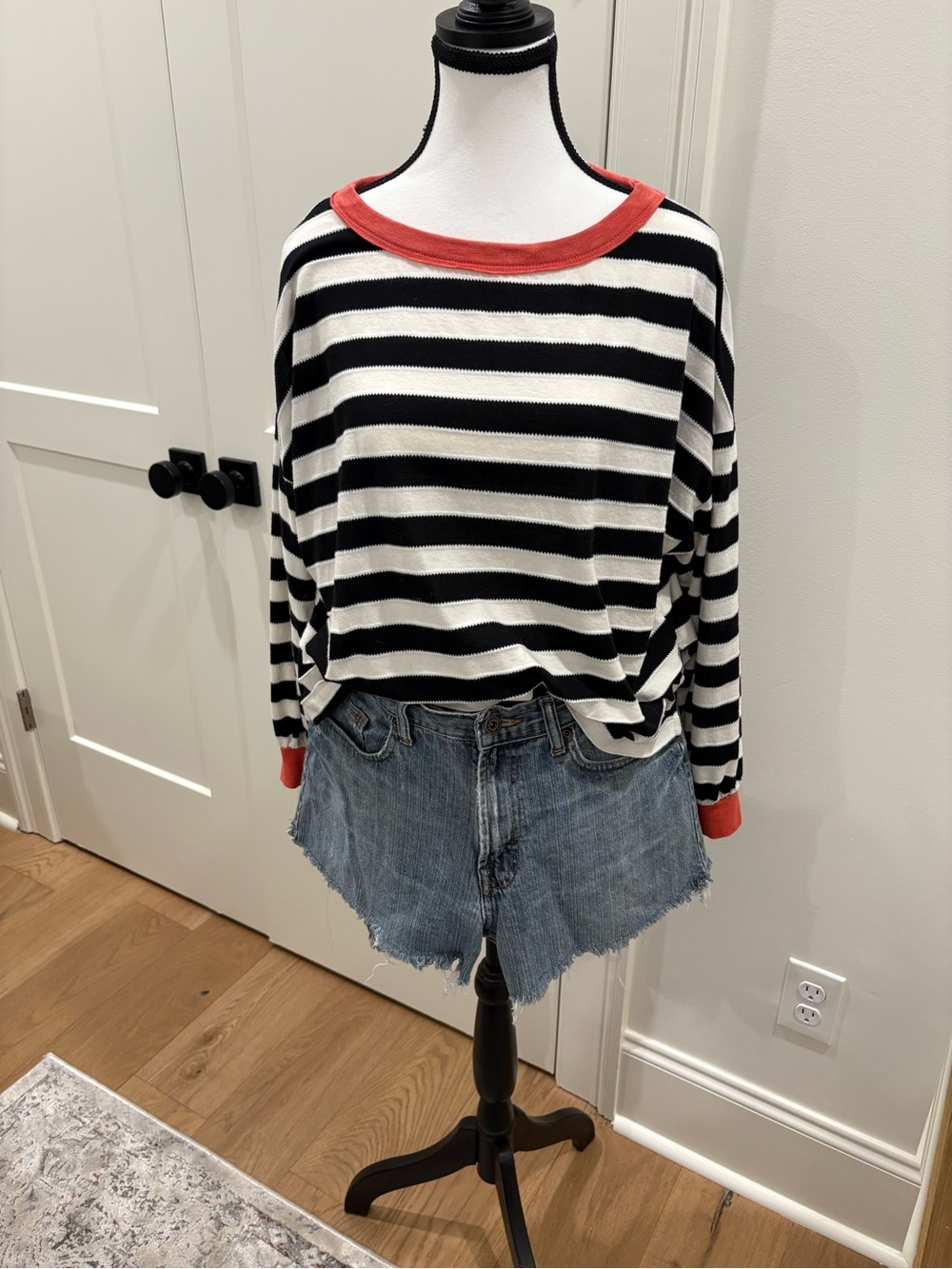 BUCKETLIST Black & White Striped Top with Coral Trim